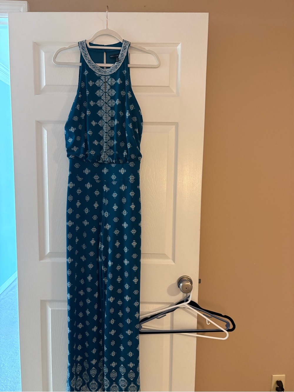 White House Black Market Teal & Ecru Printed Jumpsuit
